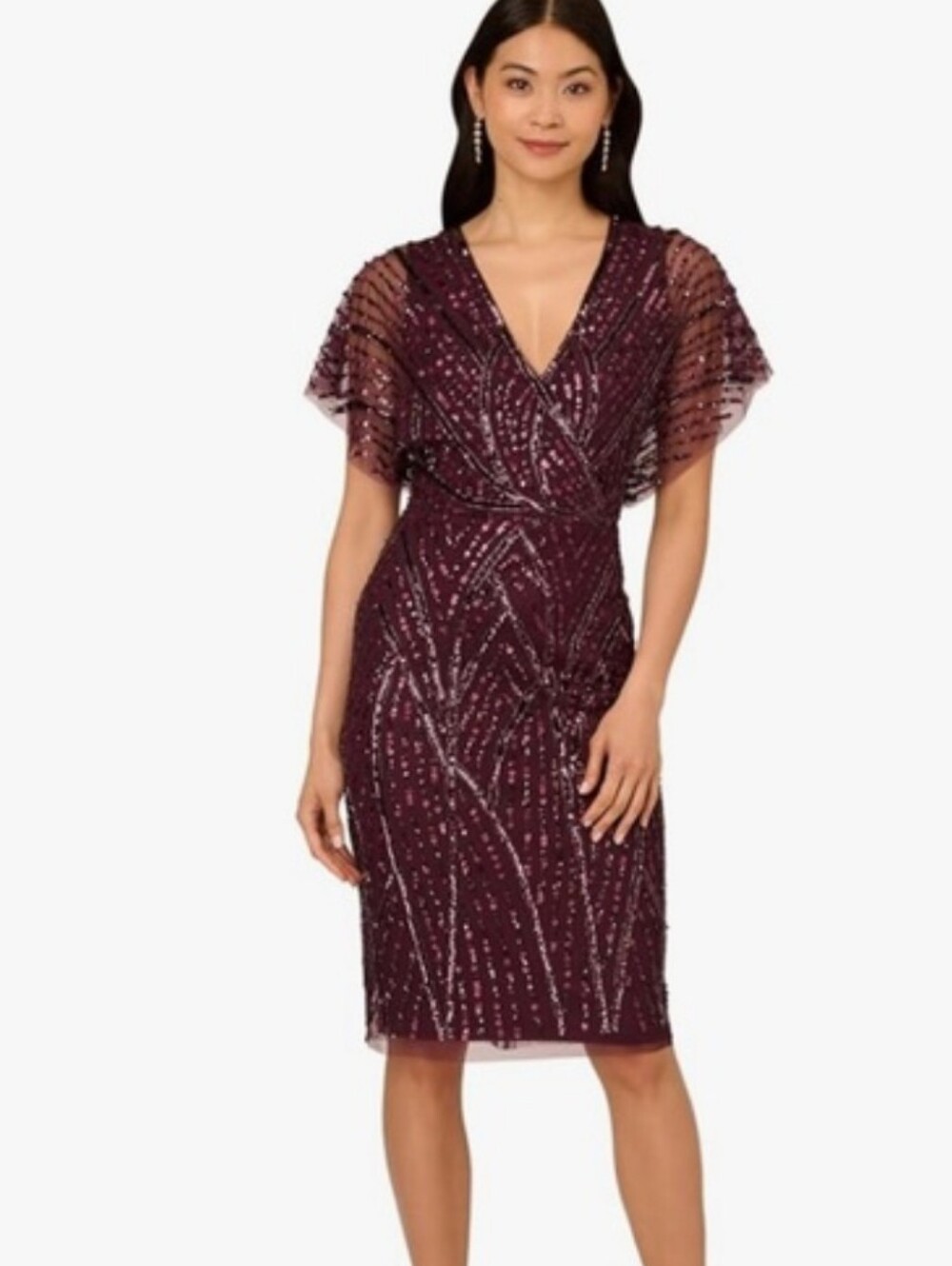 Adrianna Papell Plum Sequin V-Neck Flutter Sleeve Midi Dress